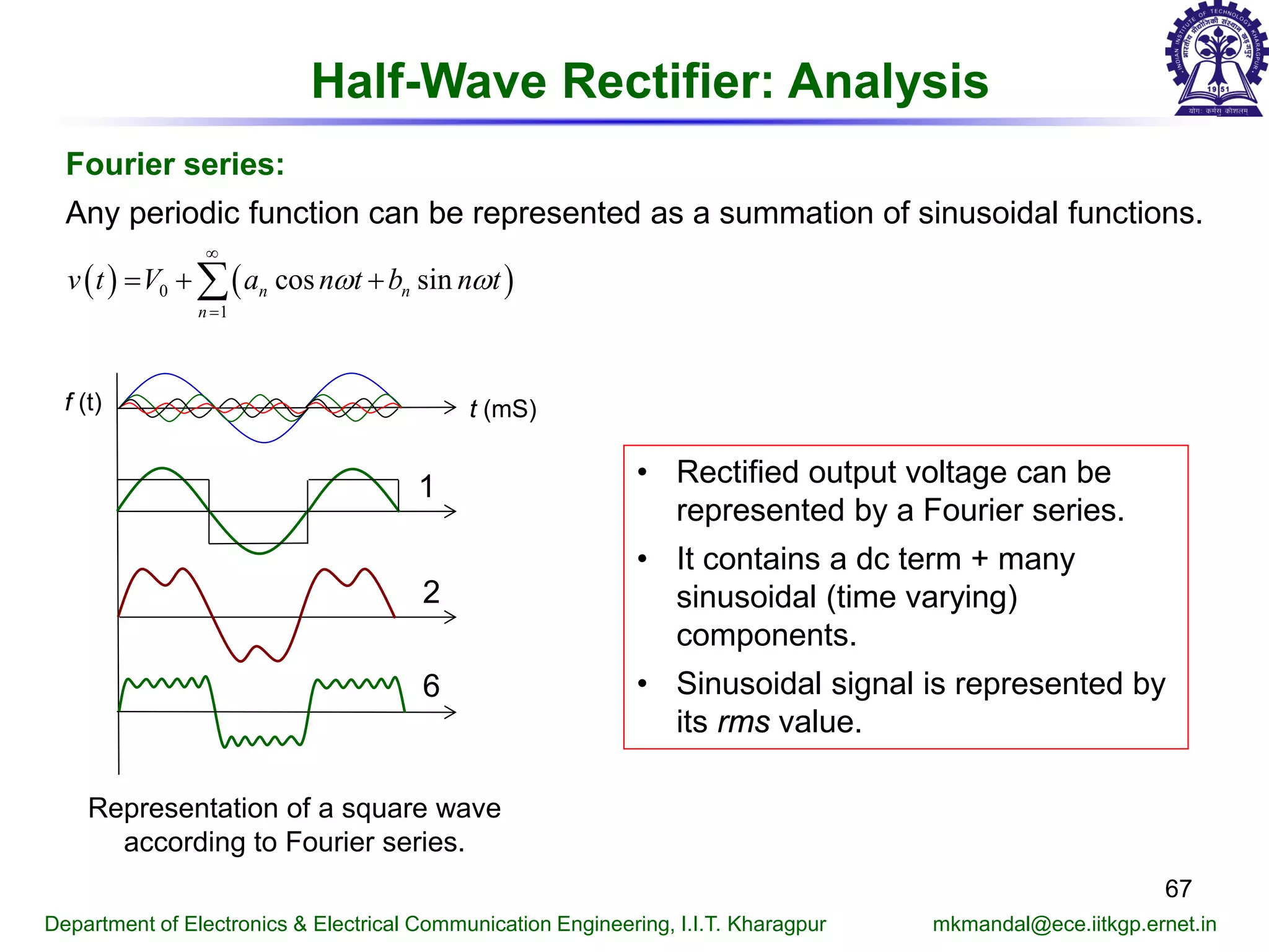 67
Department of Electronics & Electrical Communication Engineering, I.I.T. Kharagpur mkmandal@ece.iitkgp.ernet.in
( ) ( )0
1
cos sinn n
n
v t V a n t b n tω ω
∞
=
=+ +∑
Fourier series:
Any periodic function can be represented as a summation of sinusoidal functions.
Representation of a square wave
according to Fourier series.
Half-Wave Rectifier: Analysis
• Rectified output voltage can be
represented by a Fourier series.
• It contains a dc term + many
sinusoidal (time varying)
components.
• Sinusoidal signal is represented by
its rms value.
t (mS)f (t)
1
2
6
 