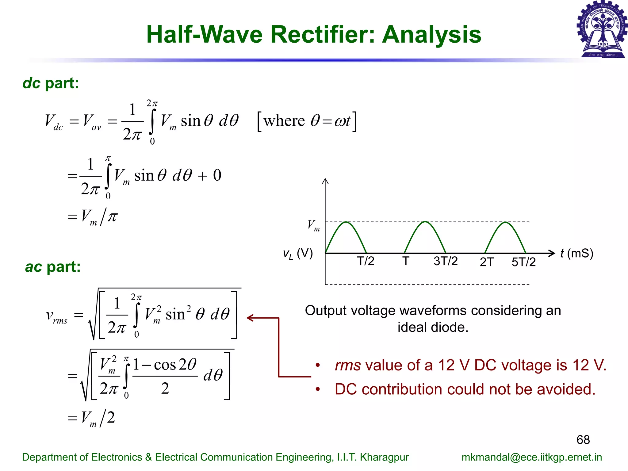Half-Wave Rectifier: Analysis
68
Department of Electronics & Electrical Communication Engineering, I.I.T. Kharagpur mkmandal@ece.iitkgp.ernet.in
[ ]
2
0
0
1
sin where
2
1
sin 0
2
dc av m
m
m
V V V d t
V d
V
π
π
θ θ θ ω
π
θ θ
π
π
= = =
+
=
∫
∫
dc part:
ac part:
2
2 2
0
2
0
1
sin
2
1 cos2
2 2
2
rms m
m
m
v V d
V
d
V
π
π
θ θ
π
θ
θ
π
 
=  
 
 −
=  
 
=
∫
∫
vL (V) t (mS)
T/2 T 3T/2
Vm
2T 5T/2
Output voltage waveforms considering an
ideal diode.
• rms value of a 12 V DC voltage is 12 V.
• DC contribution could not be avoided.
 