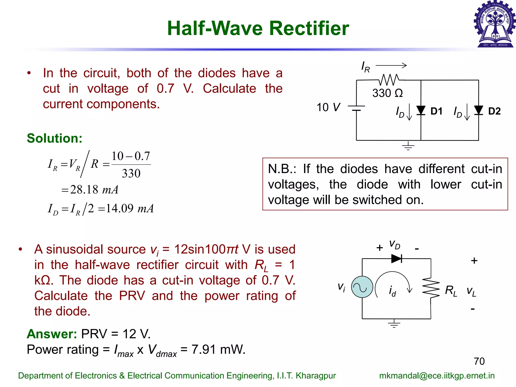 Half-Wave Rectifier
70
Department of Electronics & Electrical Communication Engineering, I.I.T. Kharagpur mkmandal@ece.iitkgp.ernet.in
• In the circuit, both of the diodes have a
cut in voltage of 0.7 V. Calculate the
current components.
10 0.7
330
28.18
2 14.09
R R
D R
I V R
mA
I I mA
−
= =
=
= =
Solution:
vi RL
vD
id
+ -
+
-
vL
• A sinusoidal source vi = 12sin100πt V is used
in the half-wave rectifier circuit with RL = 1
kΩ. The diode has a cut-in voltage of 0.7 V.
Calculate the PRV and the power rating of
the diode.
Answer: PRV = 12 V.
Power rating = Imax x Vdmax = 7.91 mW.
10 V ID
IR
330 Ω
D1 ID D2
N.B.: If the diodes have different cut-in
voltages, the diode with lower cut-in
voltage will be switched on.
 
