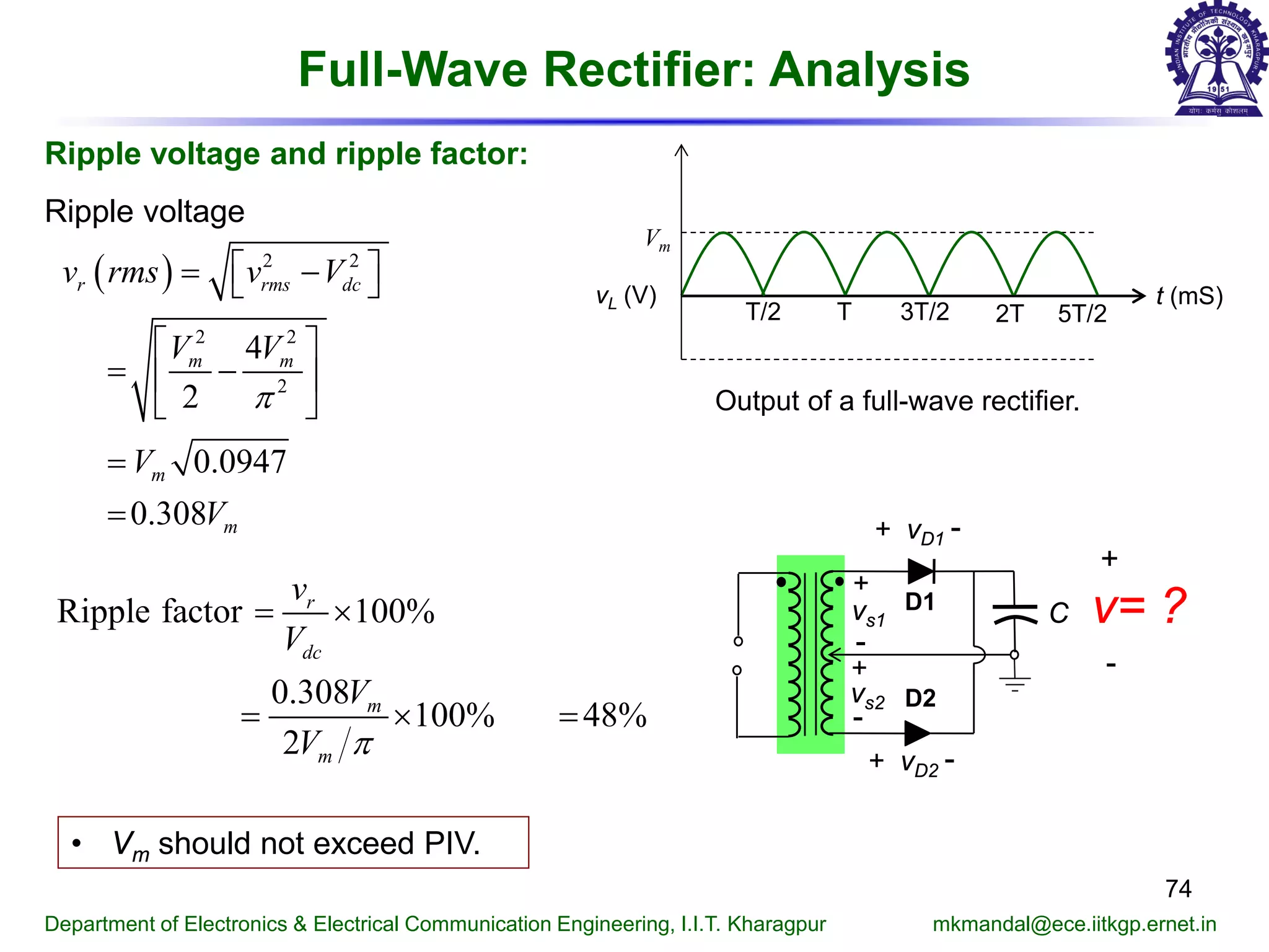 74
Department of Electronics & Electrical Communication Engineering, I.I.T. Kharagpur mkmandal@ece.iitkgp.ernet.in
Full-Wave Rectifier: Analysis
vL (V) t (mS)
T/2 T 3T/2
Vm
2T 5T/2
Ripple voltage and ripple factor:
( ) 2 2
2 2
2
4
2
0.0947
0.308
r rms dc
m m
m
m
v rms v V
V V
V
V
π
 = − 
 
= − 
 
=
=
Ripple voltage
Ripple factor 100%
0.308
100% 48%
2
r
dc
m
m
v
V
V
V π
= ×
= × =
Output of a full-wave rectifier.
C
vD1+ -
+
-
v= ?vs1
vs2
+
+
-
-
vD2+ -
D1
D2
• Vm should not exceed PIV.
 