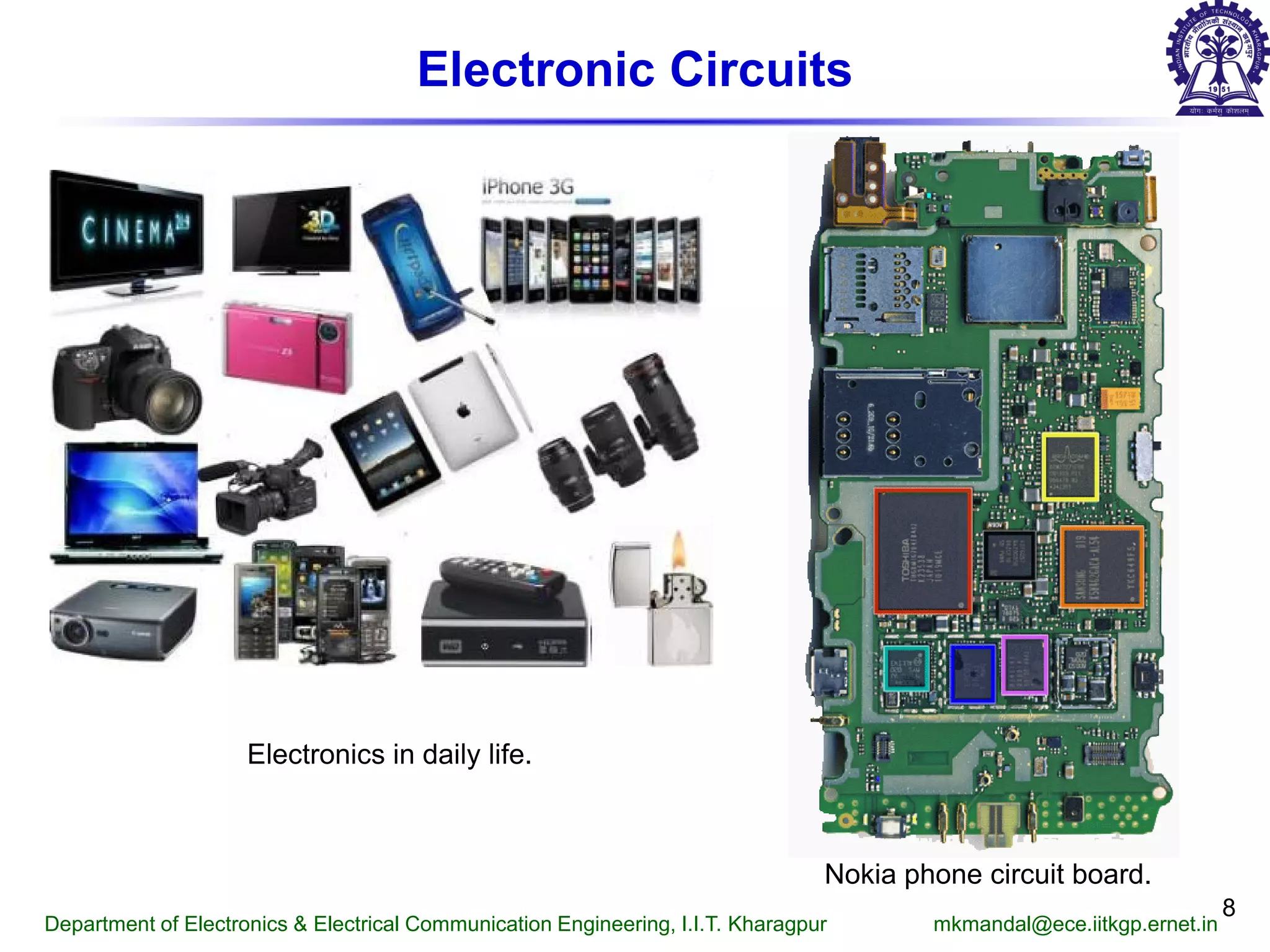 8
Electronic Circuits
Electronics in daily life.
Nokia phone circuit board.
Department of Electronics & Electrical Communication Engineering, I.I.T. Kharagpur mkmandal@ece.iitkgp.ernet.in
 