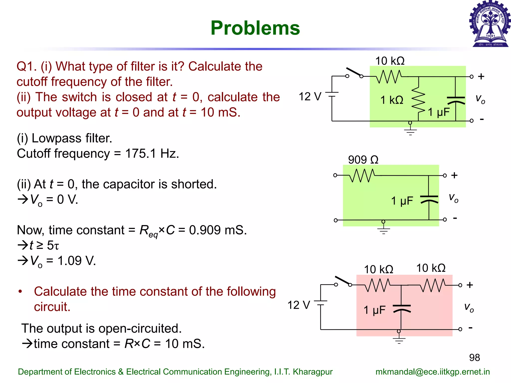 Problems
98
Department of Electronics & Electrical Communication Engineering, I.I.T. Kharagpur mkmandal@ece.iitkgp.ernet.in
Q1. (i) What type of filter is it? Calculate the
cutoff frequency of the filter.
(ii) The switch is closed at t = 0, calculate the
output voltage at t = 0 and at t = 10 mS.
10 kΩ
+
-
vo
1 μF
12 V 1 kΩ
(i) Lowpass filter.
Cutoff frequency = 175.1 Hz.
(ii) At t = 0, the capacitor is shorted.
Vo = 0 V.
Now, time constant = Req×C = 0.909 mS.
t ≥ 5τ
Vo = 1.09 V.
909 Ω
+
-
vo1 μF
10 kΩ
+
-
vo1 μF12 V
10 kΩ
• Calculate the time constant of the following
circuit.
The output is open-circuited.
time constant = R×C = 10 mS.
 