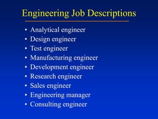 Engineering Job Descriptions
• Analytical engineer
• Design engineer
• Test engineer
• Manufacturing engineer
• Development engineer
• Research engineer
• Sales engineer
• Engineering manager
• Consulting engineer
 