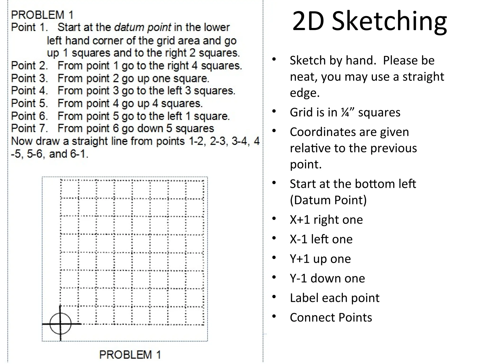 2D Sketching
• Sketch by hand. Please be
neat, you may use a straight
edge.
• Grid is in ¼” squares
• Coordinates are given
relative to the previous
point.
• Start at the bottom left
(Datum Point)
• X+1 right one
• X-1 left one
• Y+1 up one
• Y-1 down one
• Label each point
• Connect Points
 