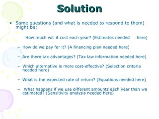 Solution Some questions (and what is needed to respond to them) might be: How much will it cost each year? (Estimates needed  here) How do we pay for it? (A financing plan needed here) Are there tax advantages? (Tax law information needed here) Which alternative is more cost-effective? (Selection criteria needed here) What is the expected rate of return? (Equations needed here) What happens if we use different amounts each year than we estimated? (Sensitivity analysis needed here) 
