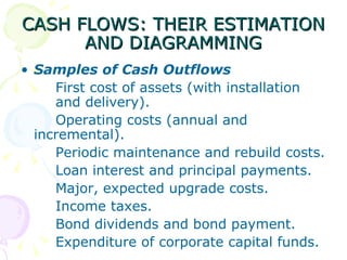 CASH FLOWS: THEIR ESTIMATION AND DIAGRAMMING Samples of Cash Outflows First cost of assets (with installation  and delivery). Operating costs (annual and  incremental). Periodic maintenance and rebuild costs. Loan interest and principal payments. Major, expected upgrade costs. Income taxes. Bond dividends and bond payment. Expenditure of corporate capital funds. 