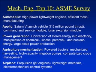 Mech. Eng. Top 10: ASME Survey
Automobile: High-power lightweight engines, efficient mass-
manufacturing
Apollo: Saturn V launch vehicle (7.5 million pound thrust),
command and service module, lunar excursion module
Power generation: Conversion of stored energy into electricity,
manipulation of chemical-, kinetic, potential-, and nuclear-
energy, large-scale power production
Agriculture mechanization: Powered tractors, mechanized
harvesting, high-capacity irrigation pumps, computerized crops
management
Airplane: Propulsion (jet engines), lightweight materials,
electromechanical control systems
 