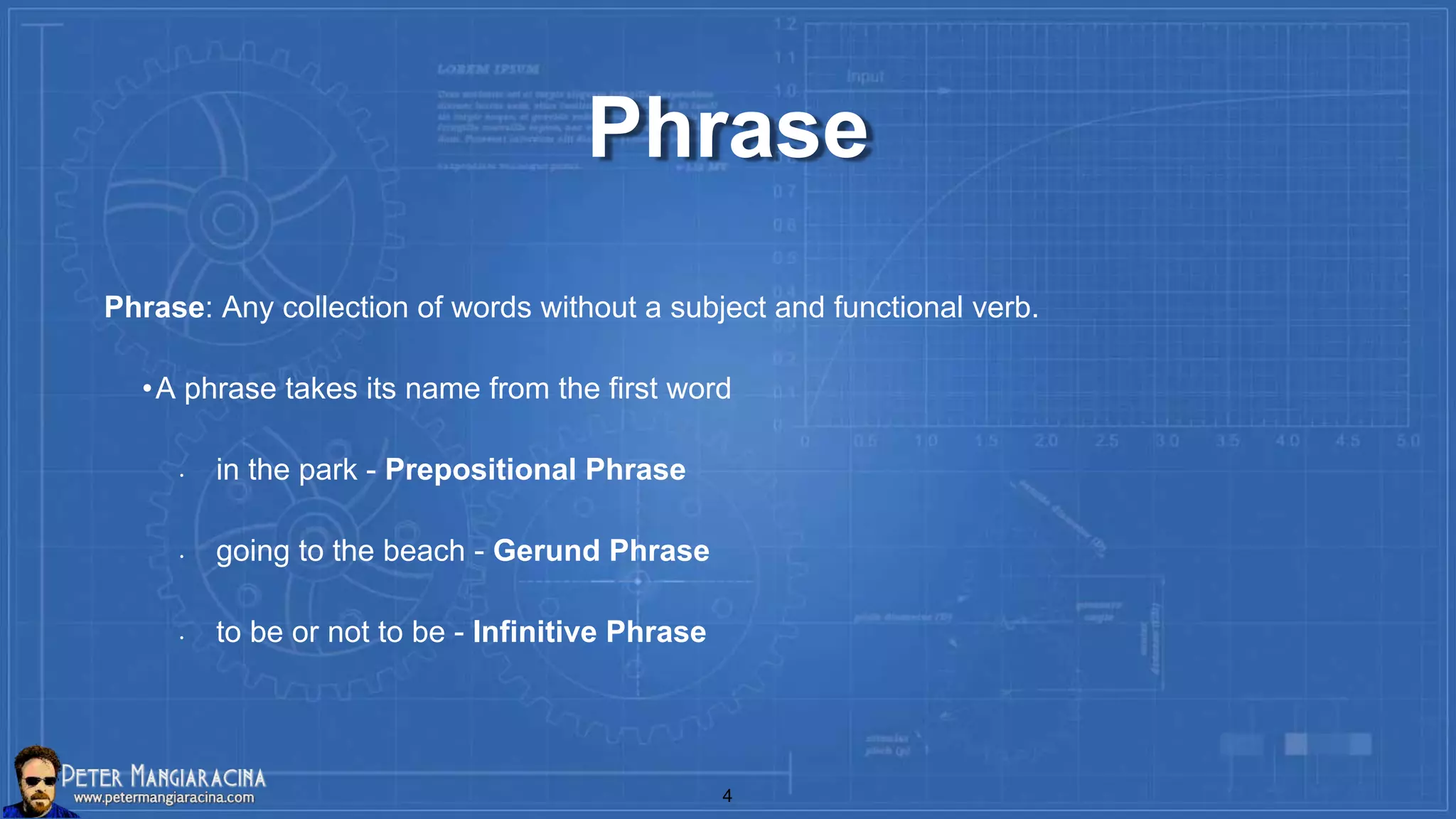 Phrase
Phrase: Any collection of words without a subject and functional verb.
•A phrase takes its name from the first word
• in the park - Prepositional Phrase
• going to the beach - Gerund Phrase
• to be or not to be - Infinitive Phrase
4
 
