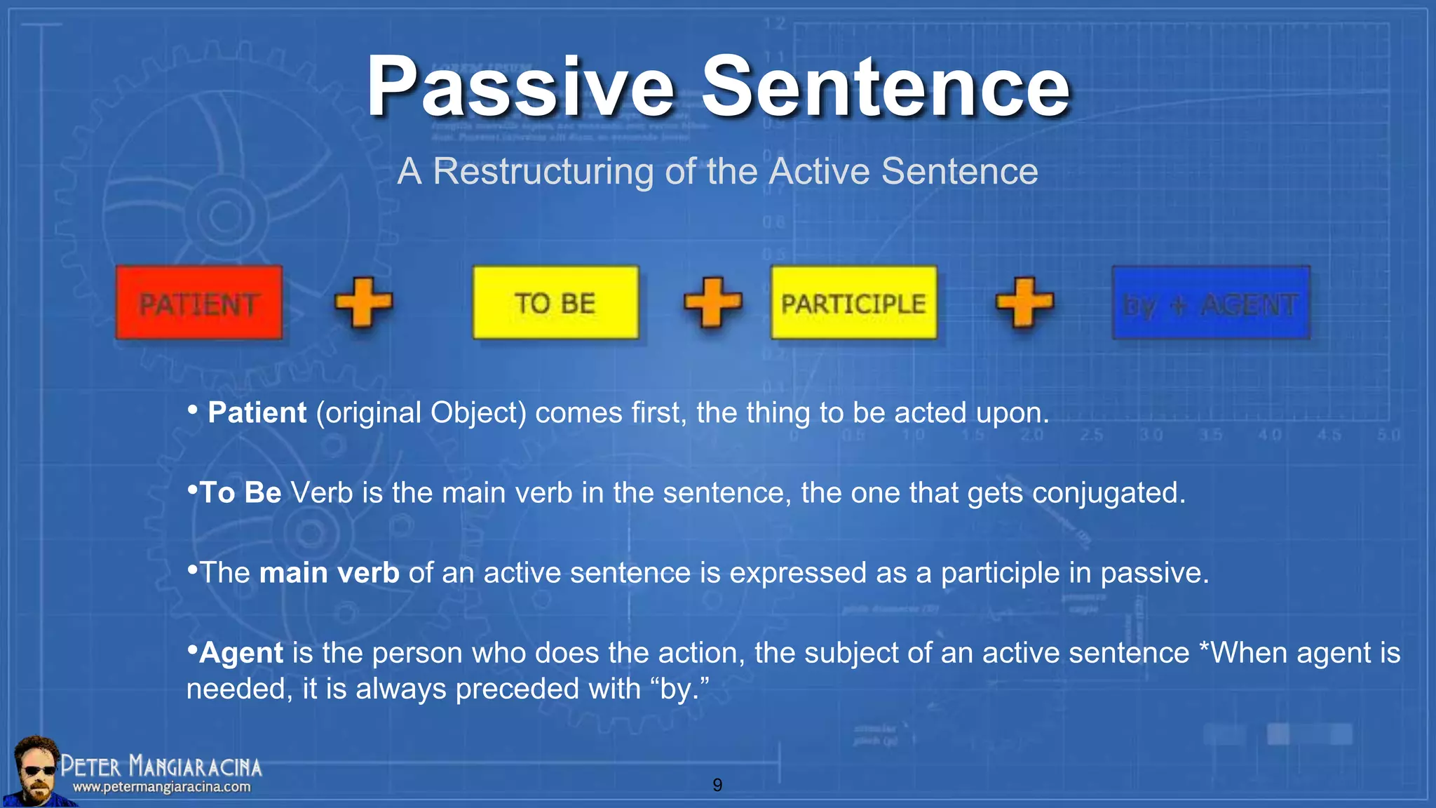Passive Sentence
• Patient (original Object) comes first, the thing to be acted upon.
•To Be Verb is the main verb in the sentence, the one that gets conjugated.
•The main verb of an active sentence is expressed as a participle in passive.
•Agent is the person who does the action, the subject of an active sentence *When agent is
needed, it is always preceded with “by.”
A Restructuring of the Active Sentence
9
 