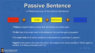 Passive Sentence
• Patient (original Object) comes first, the thing to be acted upon.
•To Be Verb is the main verb in the sentence, the one that gets conjugated.
•The main verb of an active sentence is expressed as a participle in passive.
•Agent is the person who does the action, the subject of an active sentence *When agent is
needed, it is always preceded with “by.”
A Restructuring of the Active Sentence
9
 