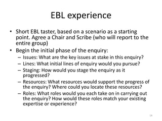 EBL experience
• Short EBL taster, based on a scenario as a starting
point. Agree a Chair and Scribe (who will report to the
entire group)
• Begin the initial phase of the enquiry:
– Issues: What are the key issues at stake in this enquiry?
– Lines: What initial lines of enquiry would you pursue?
– Staging: How would you stage the enquiry as it
progressed?
– Resources: What resources would support the progress of
the enquiry? Where could you locate these resources?
– Roles: What roles would you each take on in carrying out
the enquiry? How would these roles match your existing
expertise or experience?
14

 