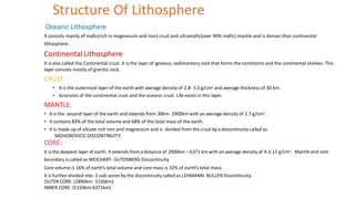 Structure Of Lithosphere
Oceanic Lithosphere
It consists mainly of mafic(rich in magnesium and iron) crust and ultramafic(over 90% mafic) mantle and is denser than continental
lithosphere.
ContinentalLithosphere
It is also called the Continental crust. It is the layer of igneous, sedimentary rock that forms the continents and the continental shelves. This
layer consists mostly of granitic rock.
CRUST:
• It is the outermost layer of the earth with average density of 2.8- 3.0 g/cm3 and average thickness of 30 km.
• Itconsists of the continental crust and the oceanic crust. Life exists in this layer.
MANTLE:
• It is the second layer of the earth and extends from 30km- 2900km with an average density of 2.7 g/cm3 .
• It contains 83% of the total volume and 68% of the total mass of the earth.
• It is made up of silicate rich iron and magnesium and is divided from the crust by a discontinuity called as
MOHOROVICIC DISCONTINUITY.
CORE:
It is the deepest layer of earth. It extends from a distance of 2900km – 6371 km with an average density of 4.3-11 g/cm3 . Mantle and core
boundary is called as WEICHART- GUTENBERG Discontinuity.
Core volume is 16% of earth’s total volume and core mass is 32% of earth’s total mass.
It is further divided into 2 sub-zones by the discontinuity called as LEHMANN- BULLEN Discontinuity
OUTER CORE: (2890km- 5150km)
INNER CORE: (5150km-6371km)
.
 