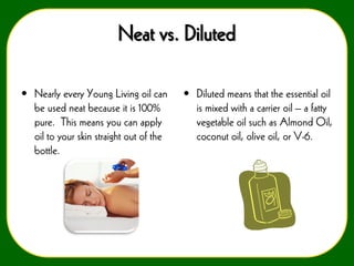 Neat vs. Diluted
• Nearly every Young Living oil can
be used neat because it is 100%
pure. This means you can apply
oil to your skin straight out of the
bottle.

• Diluted means that the essential oil
is mixed with a carrier oil – a fatty
vegetable oil such as Almond Oil,
coconut oil, olive oil, or V-6.

 