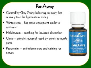PanAway
• Created by Gary Young following an injury that
severely tore the ligaments in his leg
• Wintergreen – has active constituent similar to
cortisone
• Helichrysum – soothing for localized discomfort

• Clove – contains eugenol, used by dentist to numb
gums
• Peppermint – anti-inflammatory and calming for
nerves

 