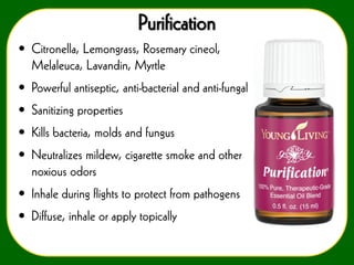 Purification
• Citronella, Lemongrass, Rosemary cineol,
Melaleuca, Lavandin, Myrtle
• Powerful antiseptic, anti-bacterial and anti-fungal
• Sanitizing properties
• Kills bacteria, molds and fungus
• Neutralizes mildew, cigarette smoke and other
noxious odors
• Inhale during flights to protect from pathogens

• Diffuse, inhale or apply topically

 