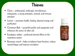Thieves
• Clove – antibacterial, antifungal, anti-infectious,
antiparasitic, a strong antiseptic, antiviral, and immune
stimulant
• Lemon – promotes health, healing, physical energy and
purification
• Cinnamon Bark – powerful purifier and oxygenator and
enhances the action of other oils
• Eucalyptus radiata – profound antiviral effect on the
respiratory system
• Rosemary cineol – helps to balance heart function, reduce
mental fatigue and improve circulation

 