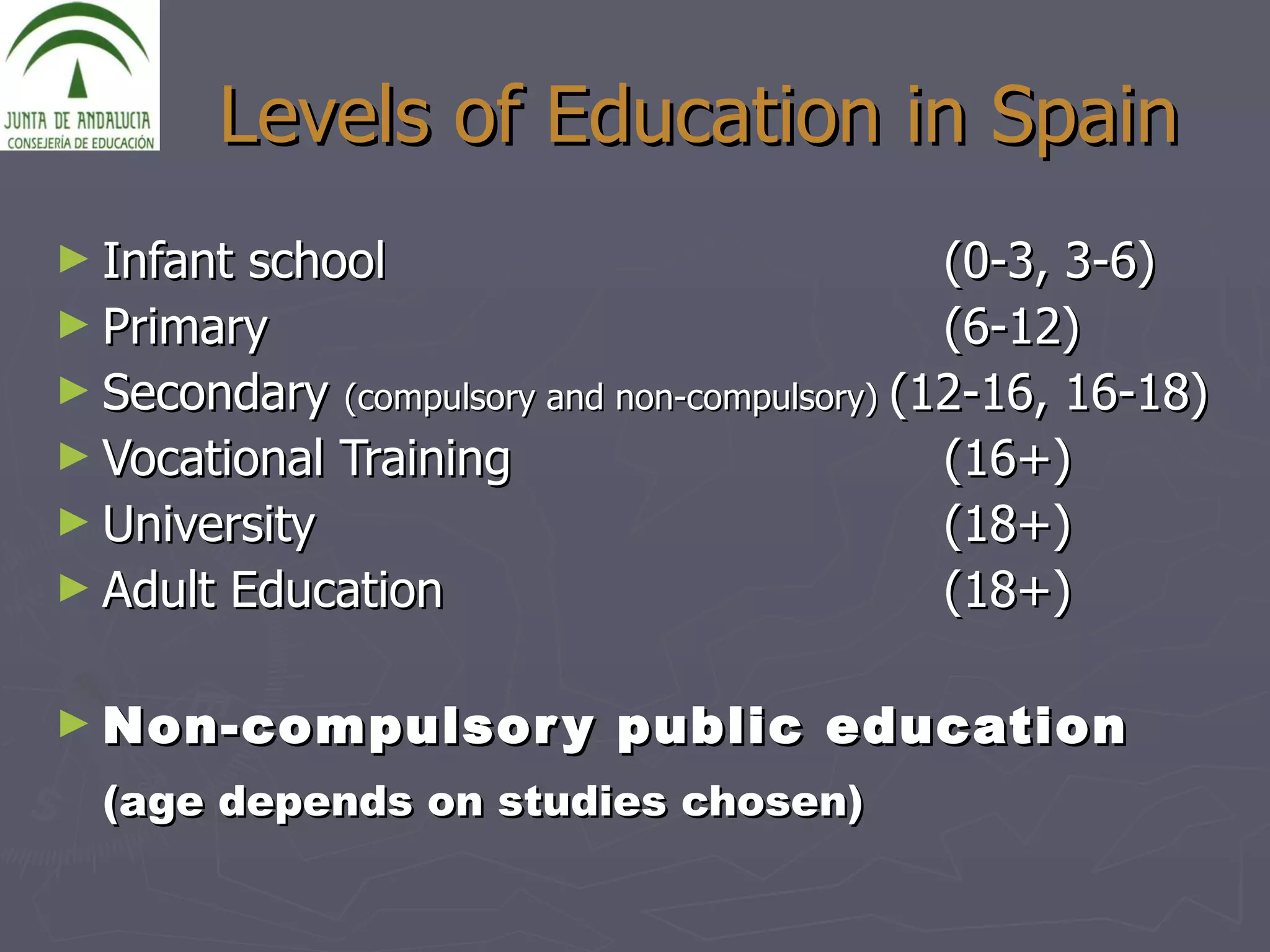 Levels of Education in Spain Infant school  (0-3, 3-6) Primary  (6-12) Secondary  (compulsory and non-compulsory)  (12-16, 16-18) Vocational Training  (16+) University  (18+) Adult Education  (18+) Non-compulsory public education  (age depends on studies chosen) 