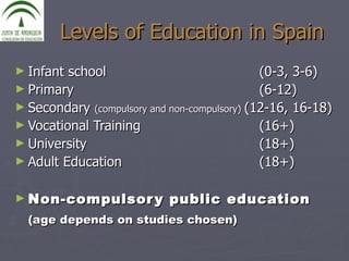 Levels of Education in Spain Infant school  (0-3, 3-6) Primary  (6-12) Secondary  (compulsory and non-compulsory)  (12-16, 16-18) Vocational Training  (16+) University  (18+) Adult Education  (18+) Non-compulsory public education  (age depends on studies chosen) 