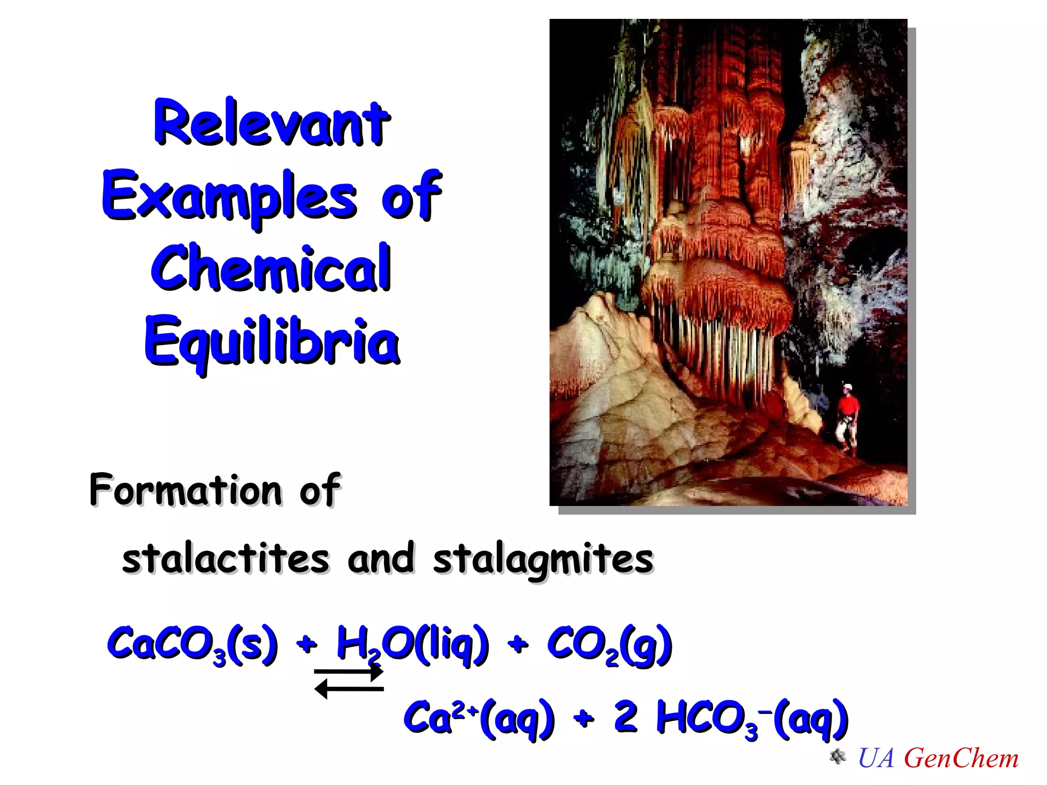 Relevant Examples of Chemical Equilibria Formation of  stalactites and stalagmites CaCO 3 (s) + H 2 O(liq) + CO 2 (g)   Ca 2+ (aq) + 2 HCO 3  (aq)   