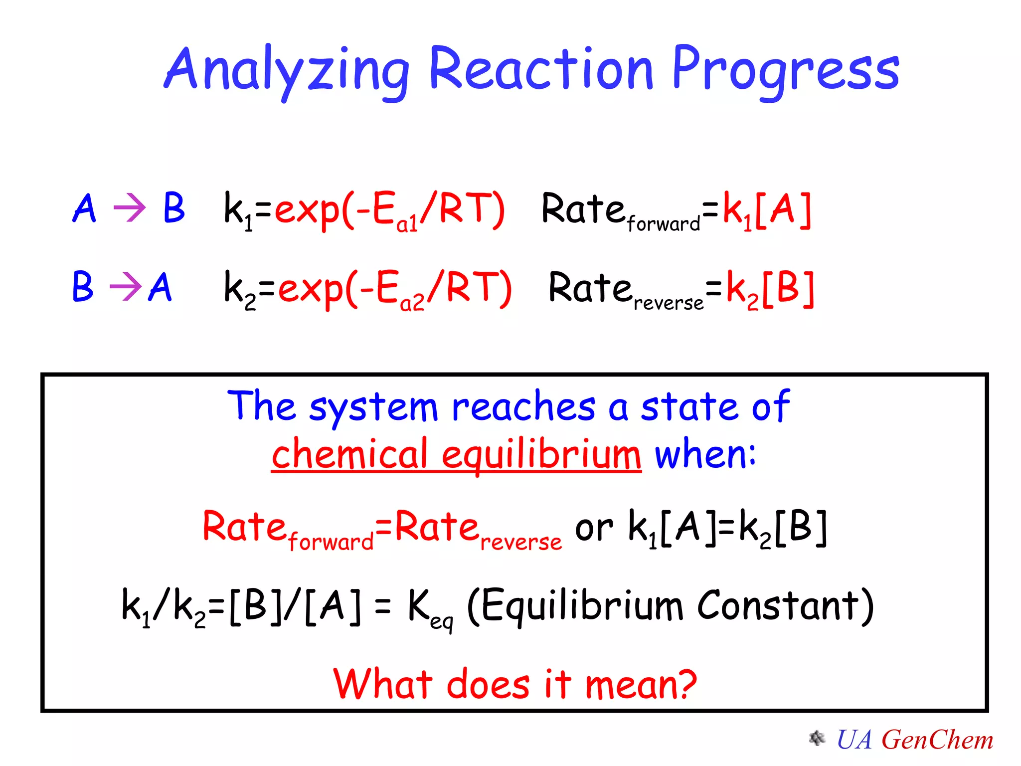 Analyzing Reaction Progress A     B  k 1 = exp(-E a1 /RT)   Rate forward = k 1 [A] B   A  k 2 = exp(-E a2 /RT)   Rate reverse = k 2 [B] The system reaches a state of  chemical equilibrium  when: Rate forward =Rate reverse  or k 1 [A]=k 2 [B] k 1 /k 2 =[B]/[A] = K eq  (Equilibrium Constant)  What does it mean? 