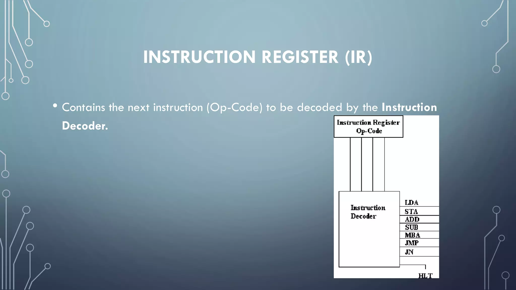 INSTRUCTION REGISTER (IR)
• Contains the next instruction (Op-Code) to be decoded by the Instruction
Decoder.
 