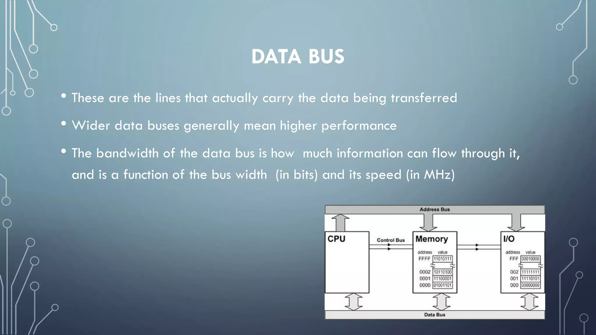 DATA BUS
• These are the lines that actually carry the data being transferred
• Wider data buses generally mean higher performance
• The bandwidth of the data bus is how much information can flow through it,
and is a function of the bus width (in bits) and its speed (in MHz)
 