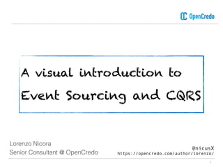 A visual introduction to 
Event Sourcing and CQRS
1
@nicusX
https://opencredo.com/author/lorenzo/
Lorenzo Nicora
Senior Consultant @ OpenCredo
 