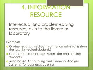 4. INFORMATION
              RESOURCE
-   Intellectual and problem-solving
    resource, akin to the library or
    laboratory

Examples:
 On-line legal or medical information retrieval system
  (for law & medical students)
 Computer aided design system (for engineering
  students)
 Automated Accounting and Financial Analysis
  Systems (for business students)
 