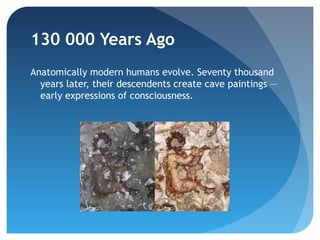 130 000 Years Ago
Anatomically modern humans evolve. Seventy thousand
  years later, their descendents create cave paintings —
  early expressions of consciousness.
 