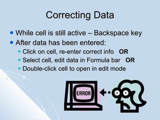 Correcting Data <ul><li>While cell is still active – Backspace key </li></ul><ul><li>After data has been entered: </li></u...