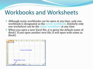 Workbooks and Worksheets
 Although many workbooks can be open at any time, only one
workbook is designated as the active workbook. Similarly only
one worksheet can be the active worksheet at any time
 When you open a new Excel file, it is given the default name of
Book1. If you open another new file, it will open with name as
Book2.
 