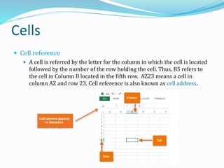Cells
 Cell reference
 A cell is referred by the letter for the column in which the cell is located
followed by the number of the row holding the cell. Thus, B5 refers to
the cell in Column B located in the fifth row. AZ23 means a cell in
column AZ and row 23. Cell reference is also known as cell address.
 