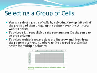 Selecting a Group of Cells
 You can select a group of cells by selecting the top left cell of
the group and then dragging the pointer over the cells you
want to select
 To select a full row, click on the row number. Do the same to
select a column
 To select multiple rows, select the first row and then drag
the pointer over row numbers to the desired row. Similar
action for multiple columns
A group of selected cells. The first cell in the group in white is the
active cell.
 