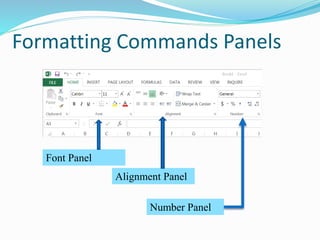 Formatting Commands Panels
Font Panel
Alignment Panel
Number Panel
 