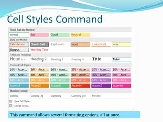 Cell Styles Command
This command allows several formatting options, all at once.
 
