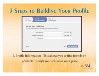 3 Steps to Building Your Profile




 2. Proﬁle Information -   is allows you to ﬁnd friends on
       Facebook through your school or work place.
                                                     ©
 