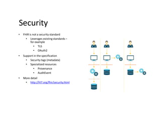 Security
• FHIR is not a security standard
• Leverages existing standards –
for example
• TLS
• OAuth2
• Support in the specification
• Security tags (metadata)
• Specialized resources
• Provenance
• AuditEvent
• More detail
• http://hl7.org/fhir/security.html
 