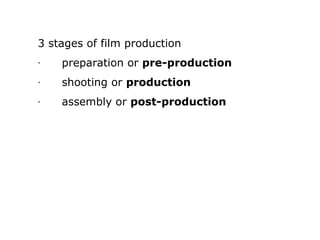 3 stages of film production
·        preparation or pre-production
·        shooting or production
·        assembly or post-production

 