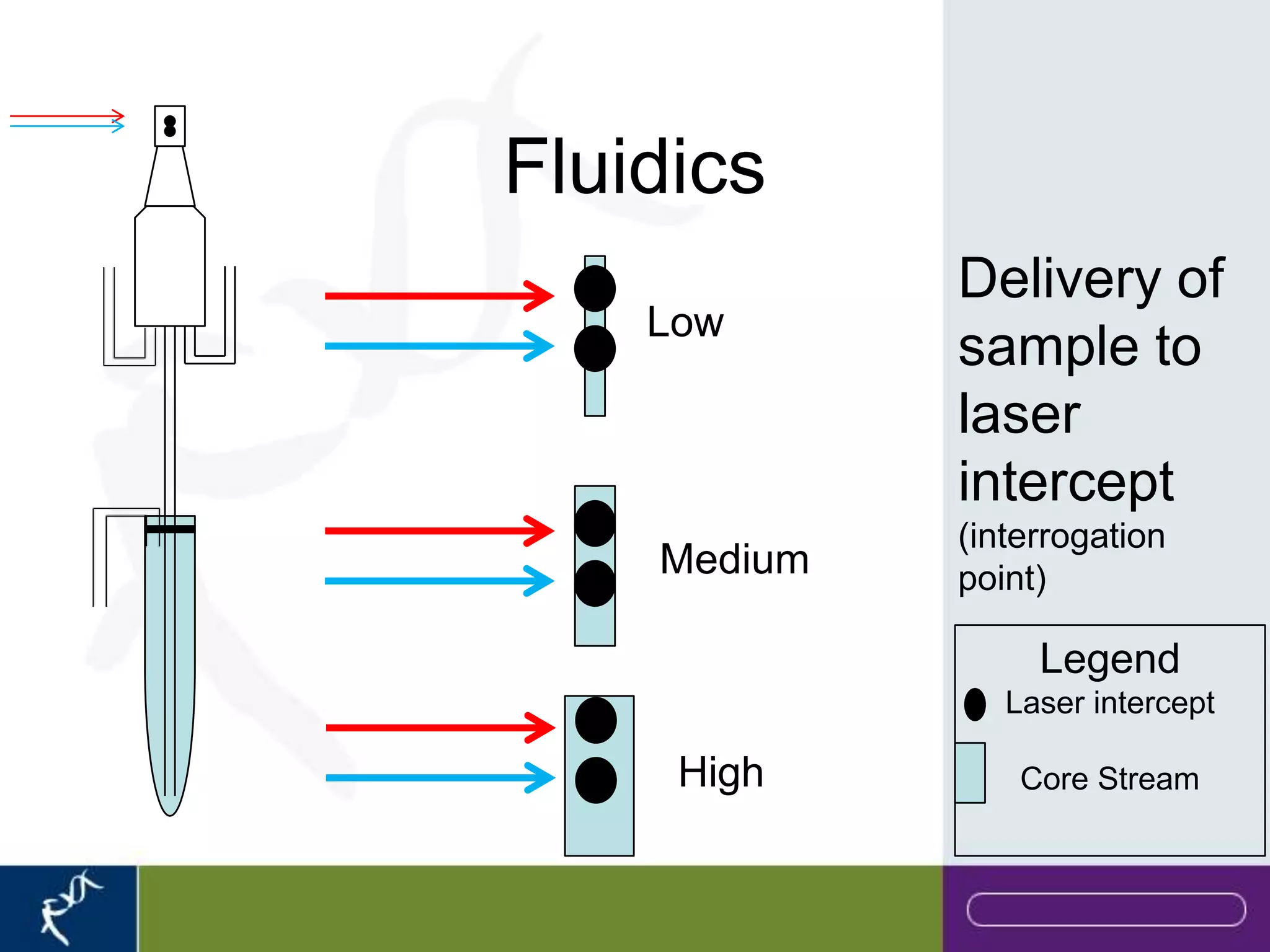 Fluidics
             Delivery of
    Low
             sample to
             laser
             intercept
             (interrogation
    Medium   point)

                  Legend
                Laser intercept

     High        Core Stream
 