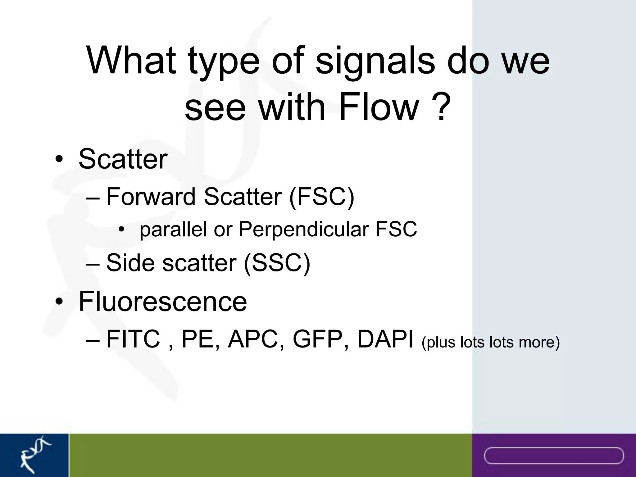 What type of signals do we
       see with Flow ?
• Scatter
  – Forward Scatter (FSC)
     • parallel or Perpendicular FSC
  – Side scatter (SSC)
• Fluorescence
  – FITC , PE, APC, GFP, DAPI (plus lots lots more)
 