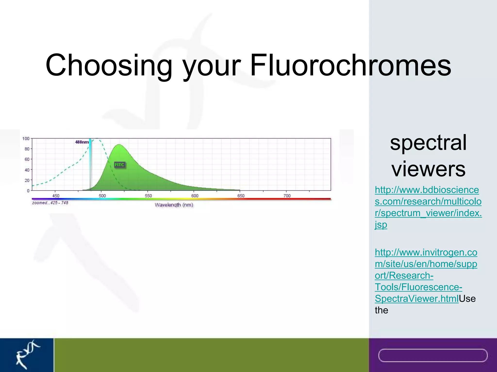 Choosing your Fluorochromes

                        spectral
                        viewers
                     http://www.bdbioscience
                     s.com/research/multicolo
                     r/spectrum_viewer/index.
                     jsp

                     http://www.invitrogen.co
                     m/site/us/en/home/supp
                     ort/Research-
                     Tools/Fluorescence-
                     SpectraViewer.htmlUse
                     the
 