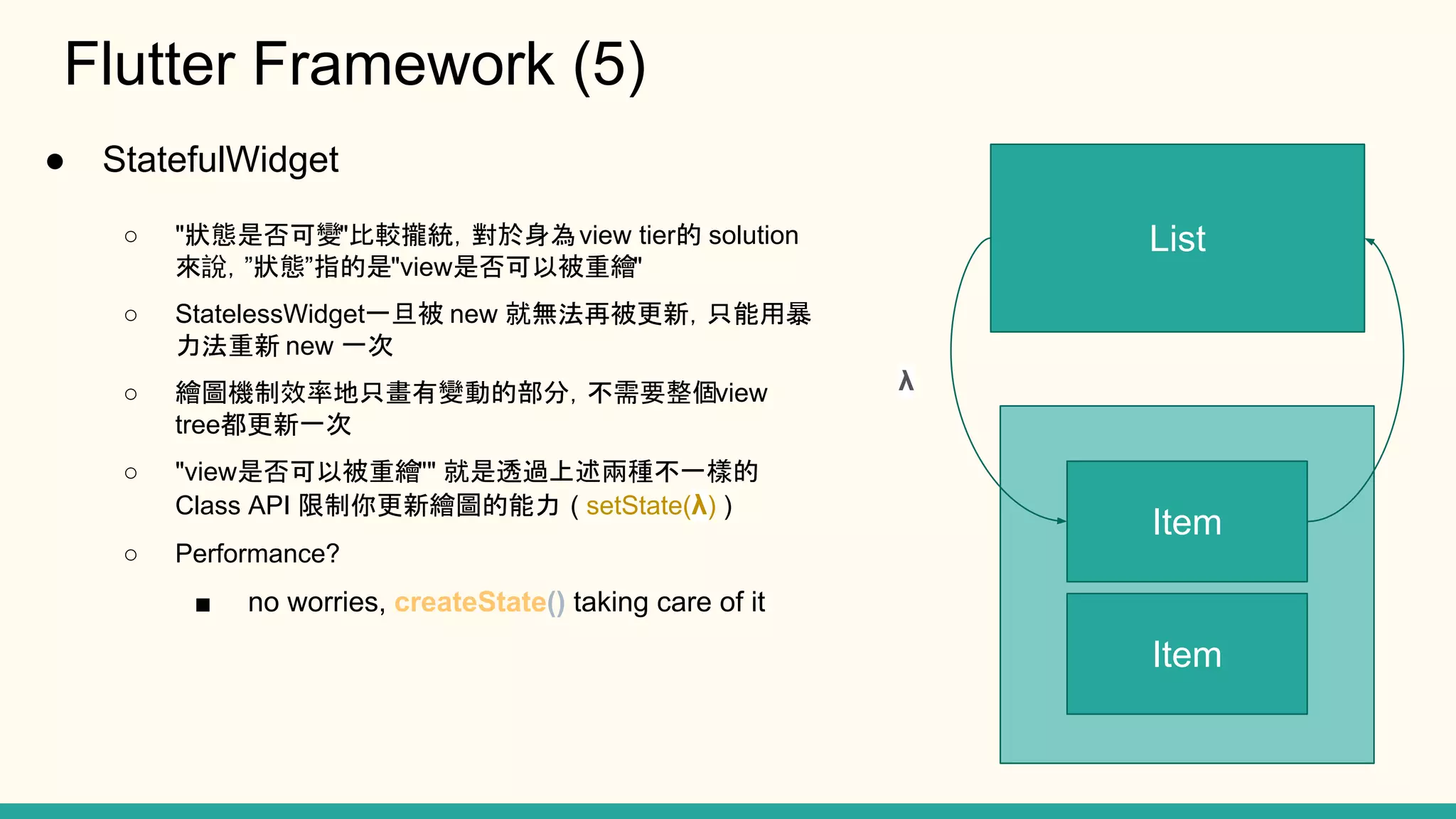 Flutter Framework (5) ● StatefulWidget ○ "狀態是否可變"比較攏統，對於身為view tier的 solution 來說，”狀態”指的是"view是否可以被重繪" ○ StatelessWidget一旦被 new 就無法再被更新，只能用暴 力法重新 new 一次 ○ 繪圖機制效率地只畫有變動的部分，不需要整個view tree都更新一次 ○ "view是否可以被重繪"" 就是透過上述兩種不一樣的 Class API 限制你更新繪圖的能力 ( setState(λ) ) ○ Performance? ■ no worries, createState() taking care of it List Item Item λ 