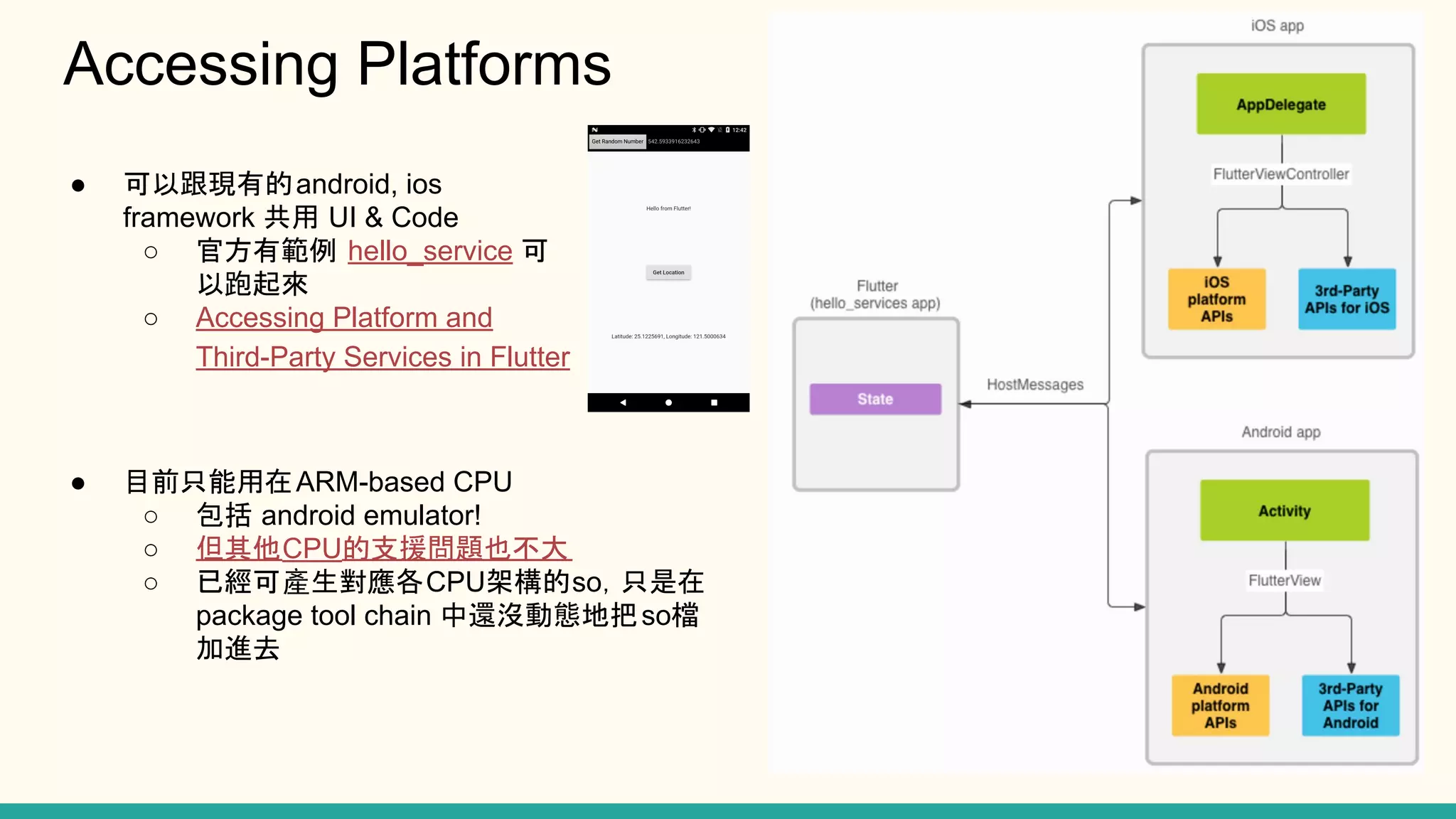 Accessing Platforms ● 目前只能用在ARM-based CPU ○ 包括 android emulator! ○ 但其他CPU的支援問題也不大 ○ 已經可產生對應各CPU架構的so，只是在 package tool chain 中還沒動態地把so檔 加進去 ● 可以跟現有的android, ios framework 共用 UI & Code ○ 官方有範例 hello_service 可 以跑起來 ○ Accessing Platform and Third-Party Services in Flutter 