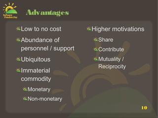 10
Advantages
Low to no cost
Abundance of
personnel / support
Ubiquitous
Immaterial
commodity
Monetary
Non-monetary
Higher motivations
Share
Contribute
Mutuality /
Reciprocity
 