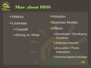 12
More about FOSS
History
Licenses
Copyleft
Strong vs. Weak
Adoption
Business Models
Effects
Developed / Developing
Countries
Software Industry
Education / Public
Institutions
Internet-based Activities
 