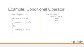 Example: Conditional Operator
var category = "";
if(input % 2 == 0)
{
category = "even";
}
else
{
category = "odd";
}
var category =
input % 2 == 0
? "even"
: "odd";
 