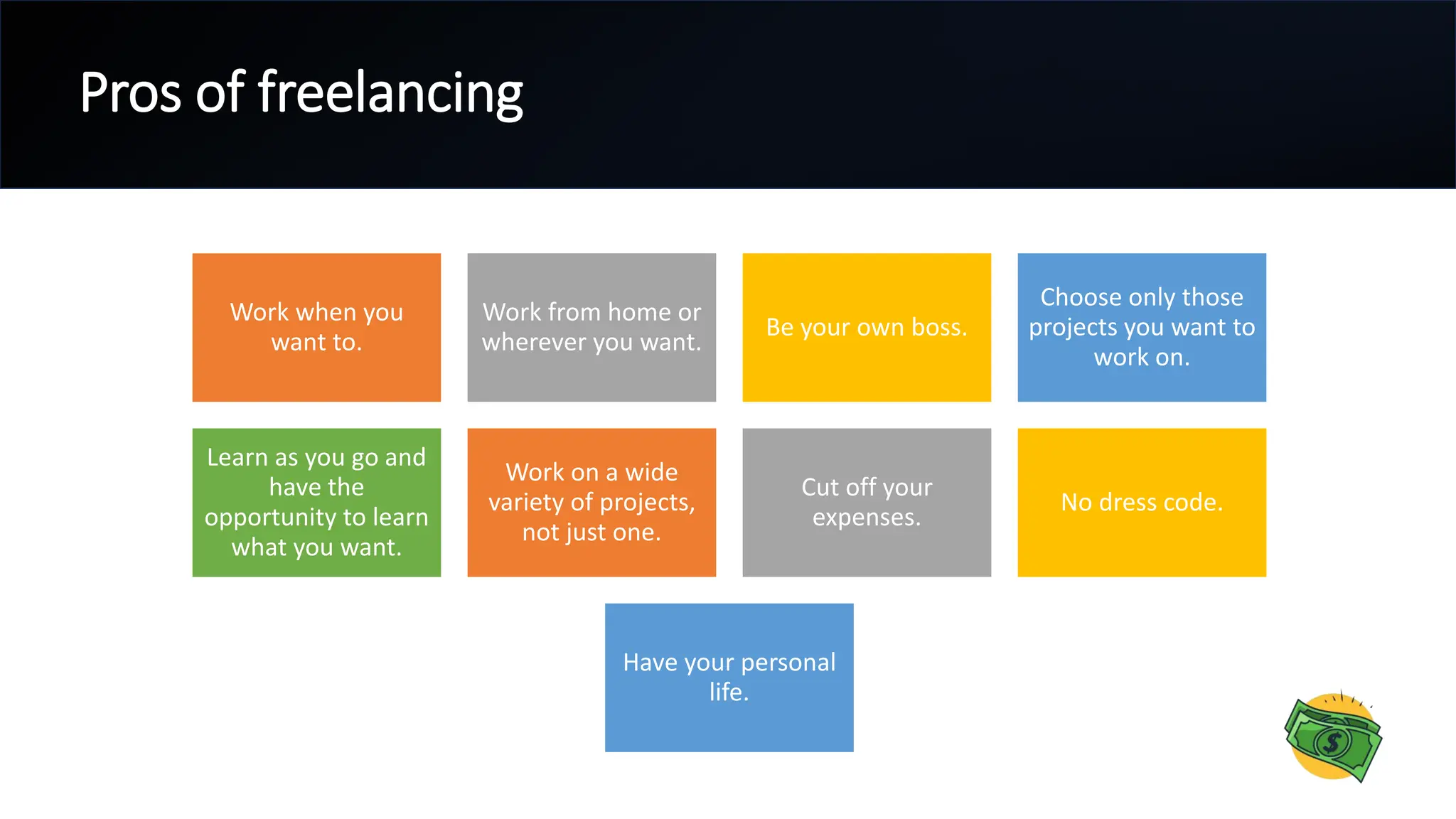 Work when you
want to.
Work from home or
wherever you want.
Be your own boss.
Choose only those
projects you want to
work on.
Learn as you go and
have the
opportunity to learn
what you want.
Work on a wide
variety of projects,
not just one.
Cut off your
expenses.
No dress code.
Have your personal
life.
Pros of freelancing
 