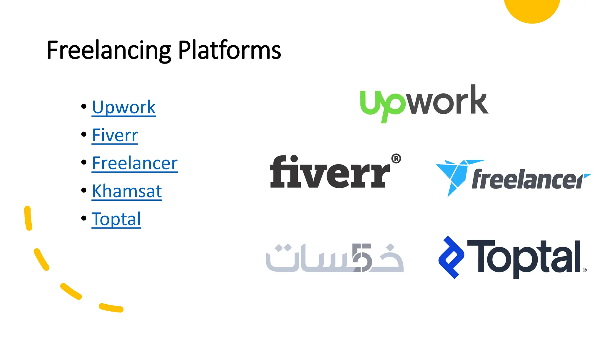Freelancing Platforms
• Upwork
• Fiverr
• Freelancer
• Khamsat
• Toptal
 