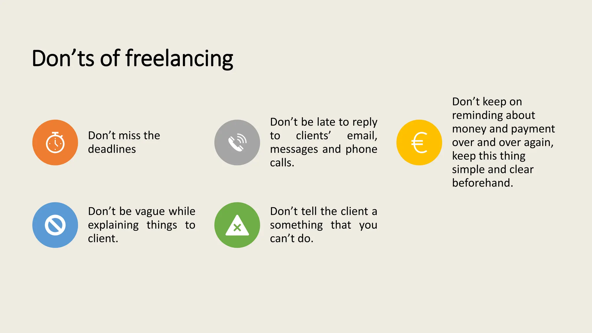 Don’ts of freelancing
Don’t miss the
deadlines
Don’t be late to reply
to clients’ email,
messages and phone
calls.
Don’t keep on
reminding about
money and payment
over and over again,
keep this thing
simple and clear
beforehand.
Don’t be vague while
explaining things to
client.
Don’t tell the client a
something that you
can’t do.
 
