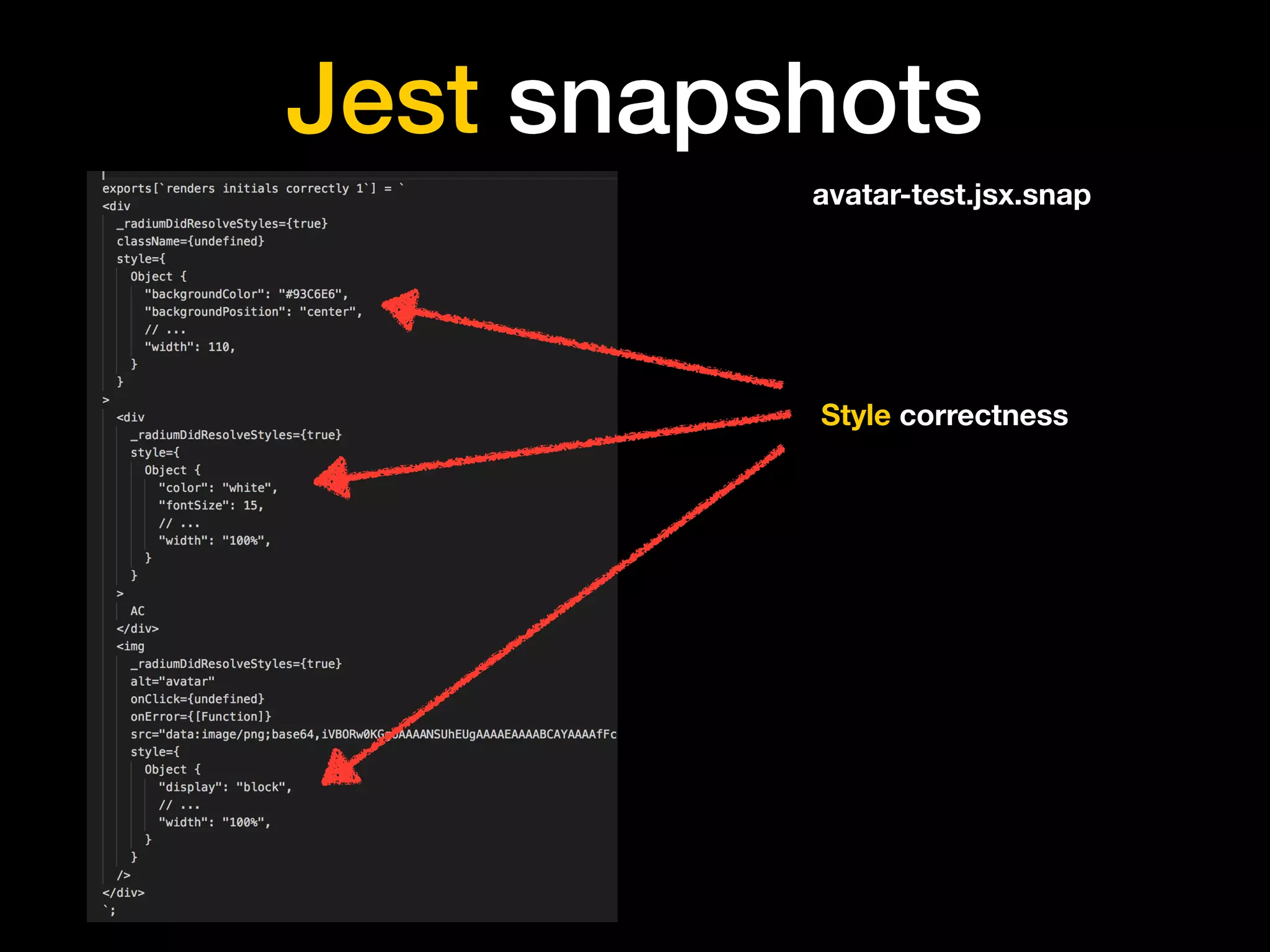 Jest snapshots
Style correctness
avatar-test.jsx.snap
 